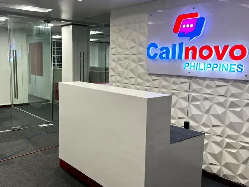 Reception area with Callnovo Philippines signage.