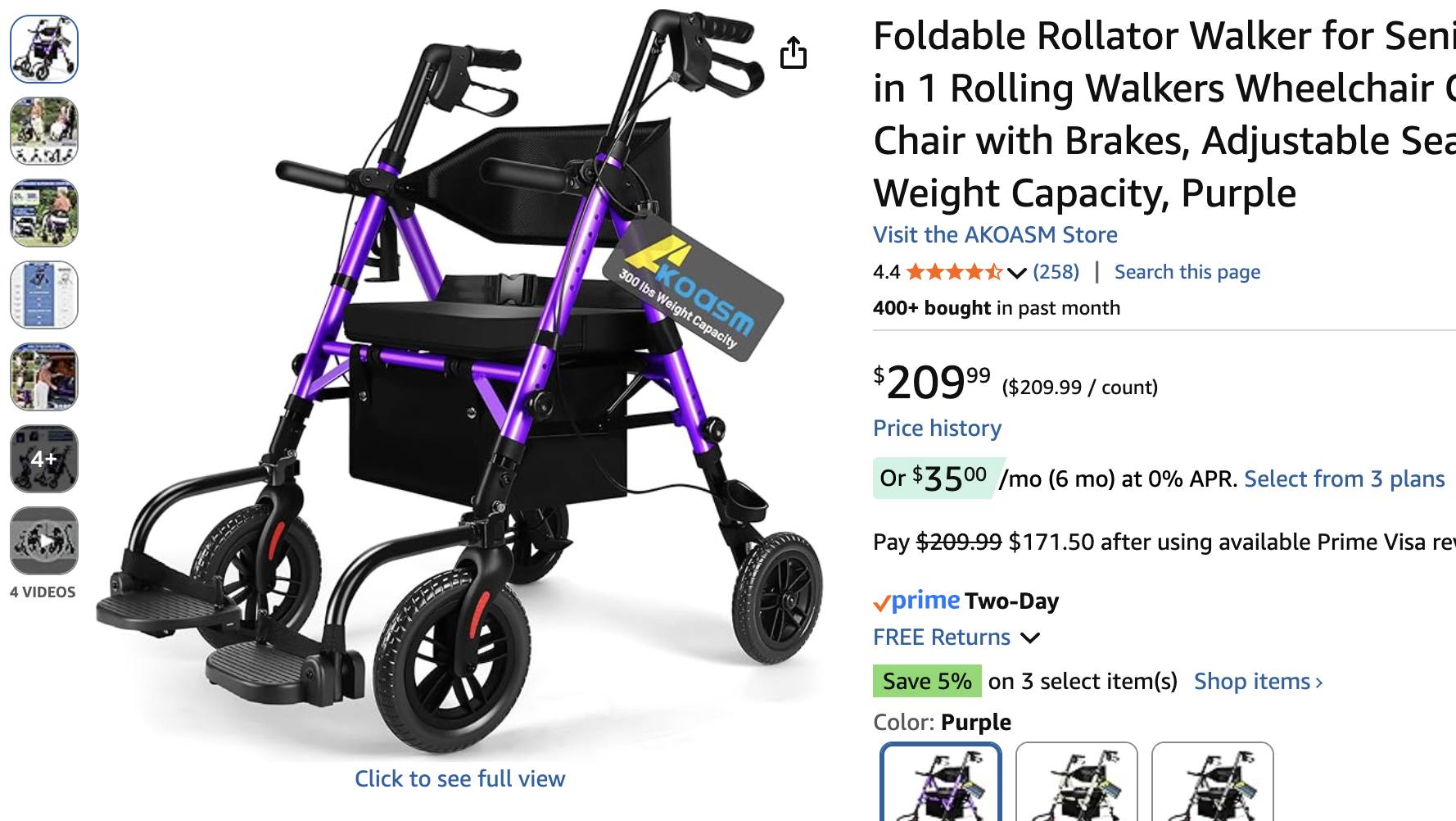 Andador rodante púrpura 2 en 1 de AKOASM en Amazon - 4.4 estrellas con 258 reseñas y más de 400 compras en el último mes