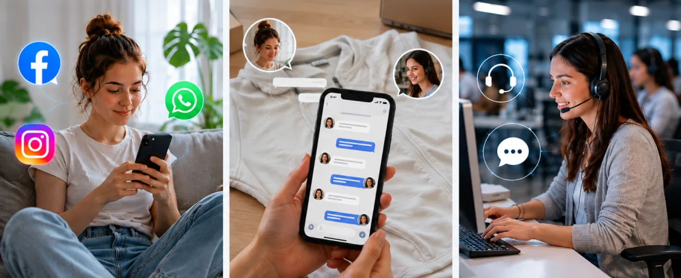 Triptych showing a young shopper messaging brands via Facebook, Instagram, and WhatsApp; a fashion DM conversation on a phone over a folded garment; and a support agent answering in an office