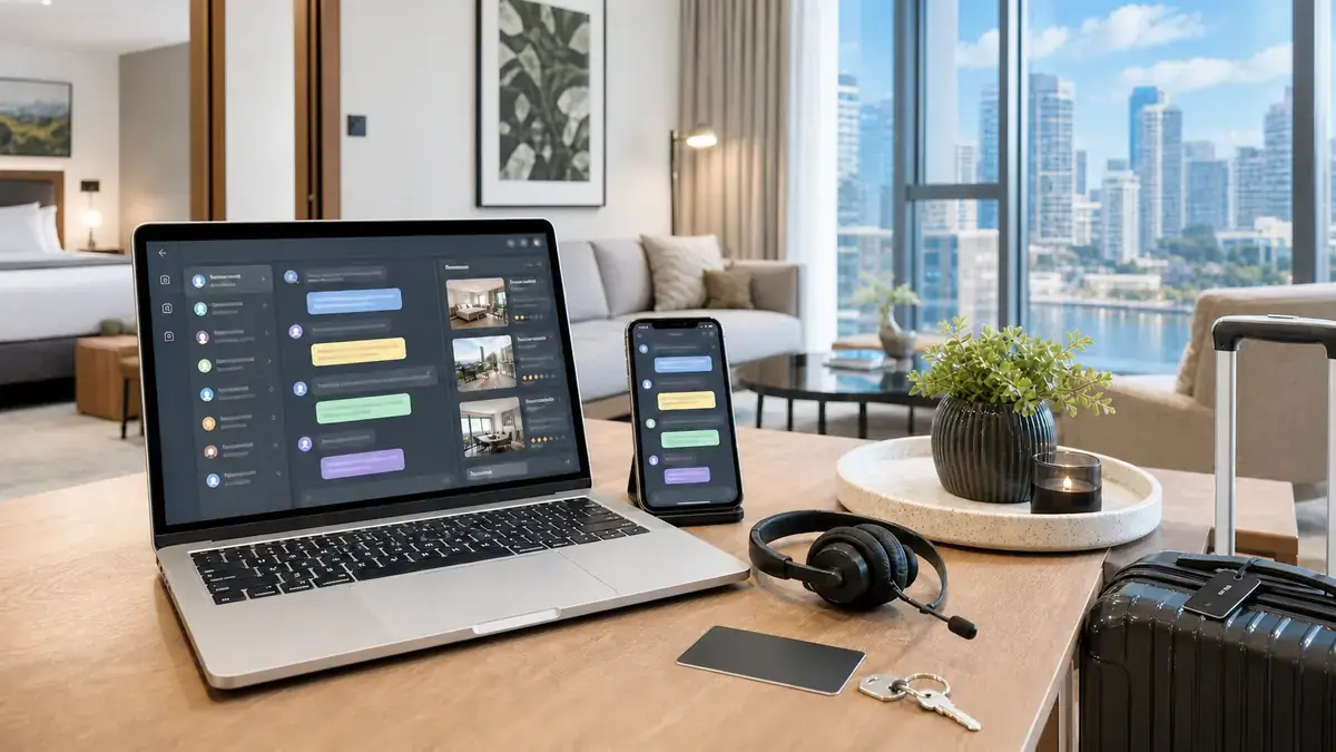 Apartamento luminoso de alquiler vacacional en Australia con computadora y teléfono mostrando a un equipo de soporte fuera de horario atendiendo mensajes nocturnos de huéspedes de corta estancia