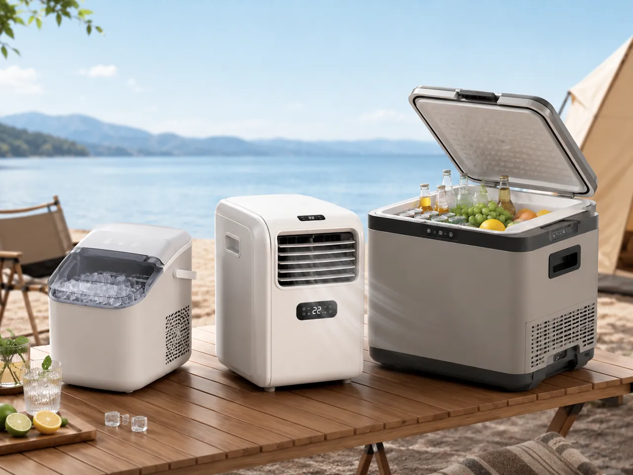 La línea de productos de BW fotografiada al aire libre en un campamento junto al lago: una máquina de hielo, un aire acondicionado portátil y un refrigerador para auto abierto con bebidas