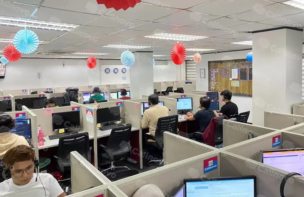 Piso de operaciones de Callnovo con agentes de soporte gestionando conversaciones de clientes desde varias estaciones de trabajo