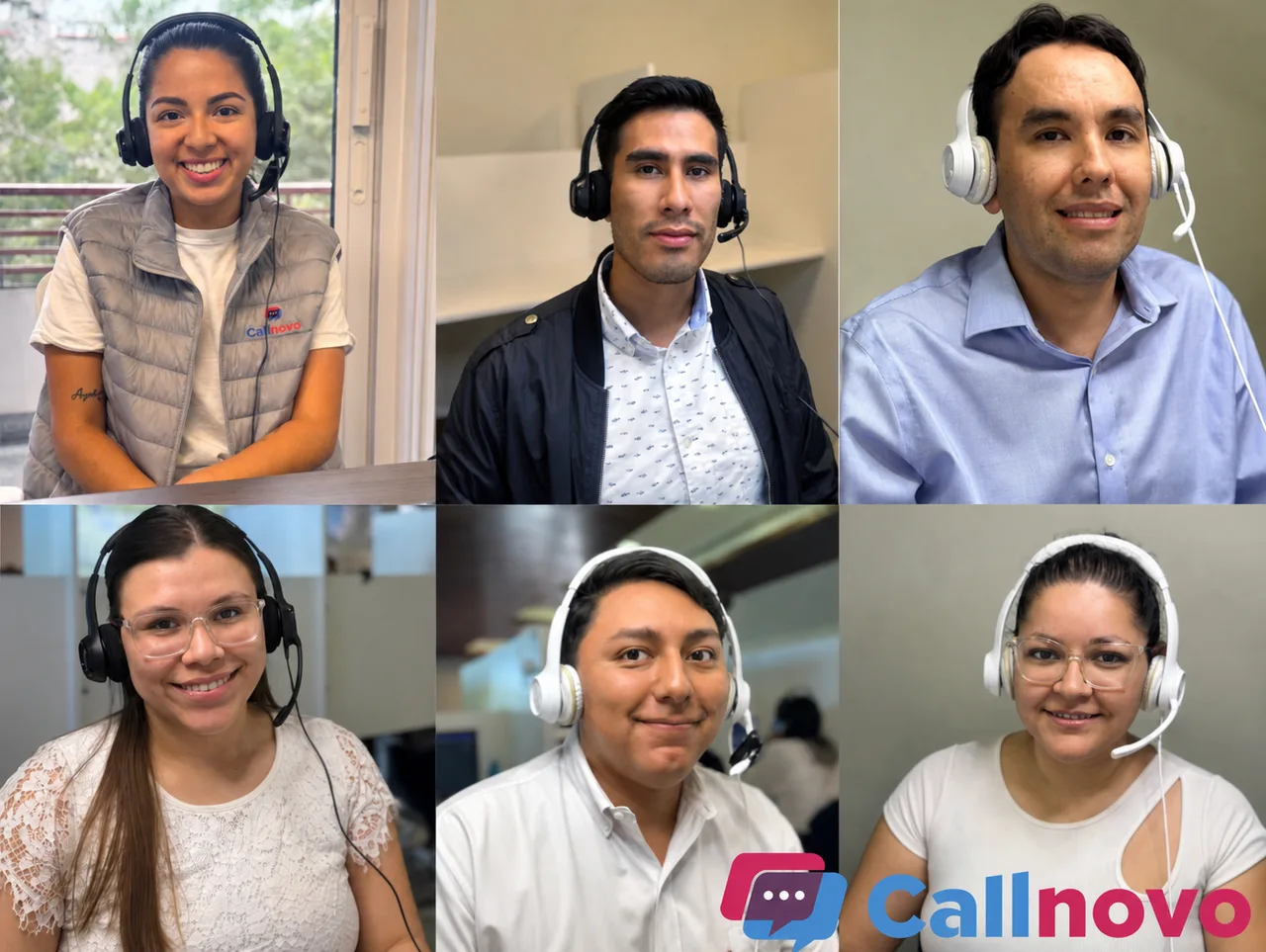 Callnovo 客服坐席佩戴耳机的六人团队拼图