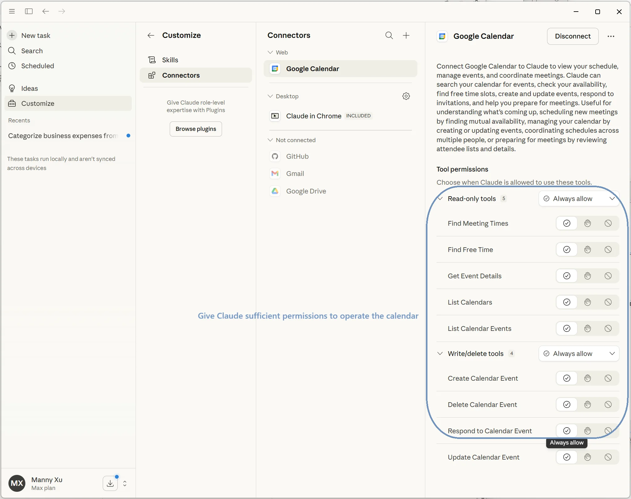 Claude Desktop's Google Calendar connector settings — configuring read and write permissions for calendar events, free time lookup, and meeting scheduling