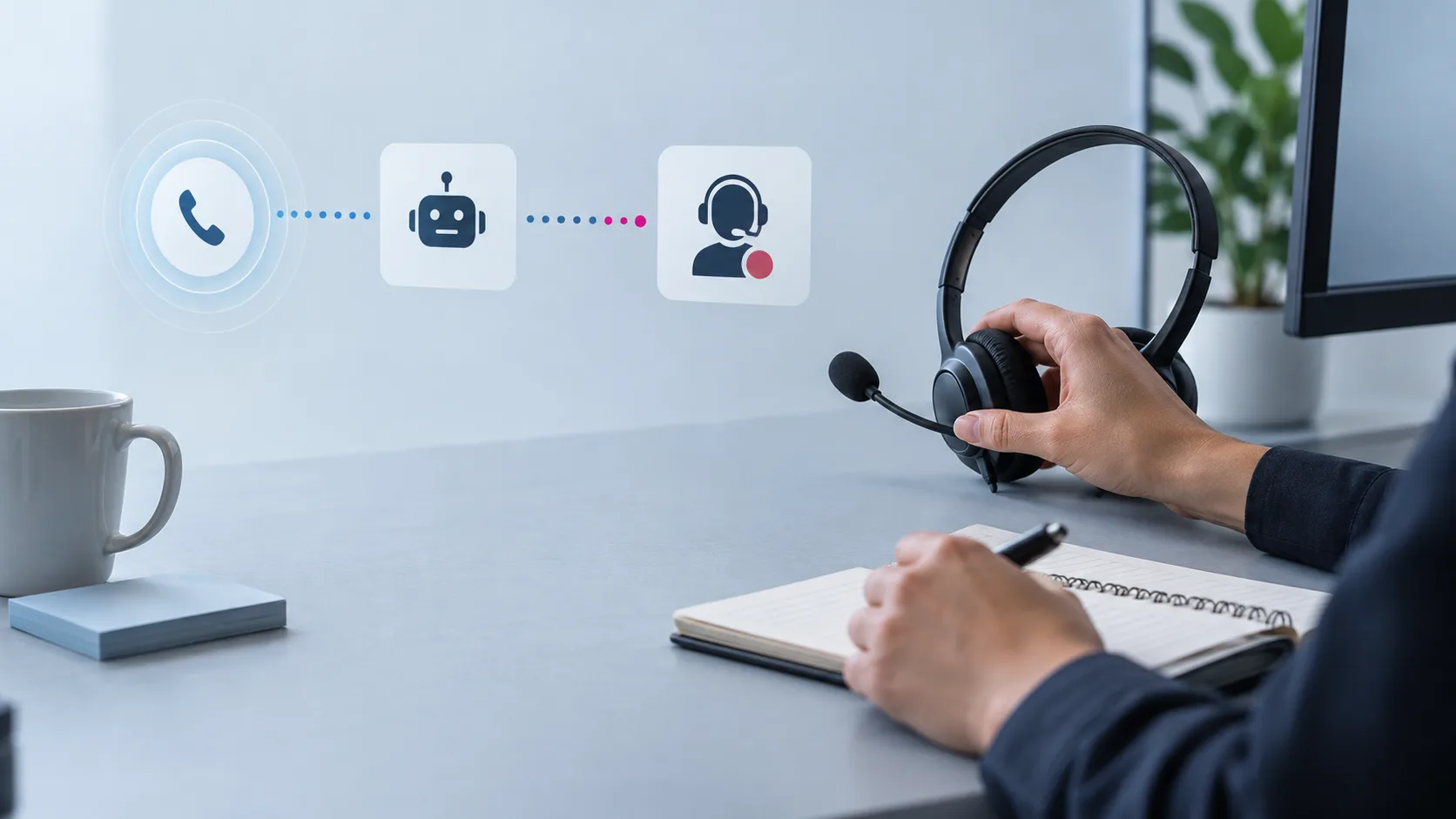 A support operator reviews an incoming call workflow beside a headset and service notes — answering service