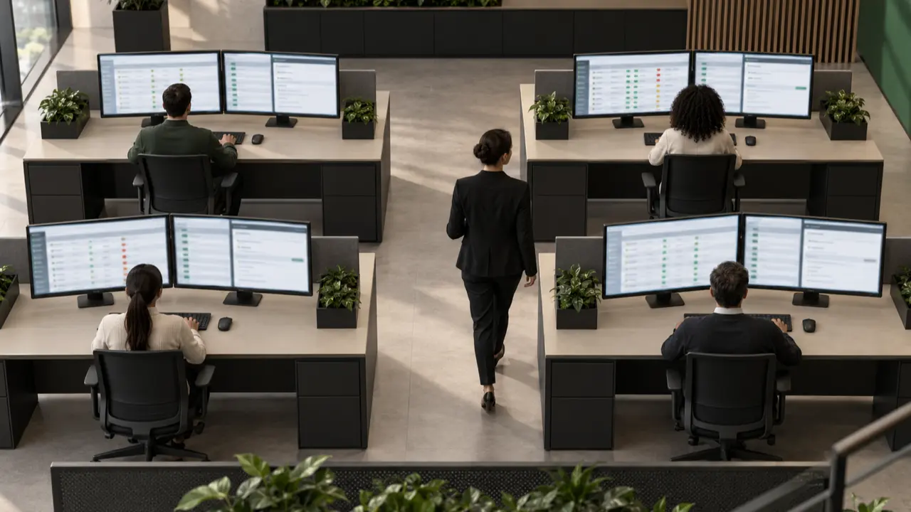 A coordinator oversees a quiet back-office floor where clean workstations show blurred intake queues, validation states, and exception panels — back office outsourcing