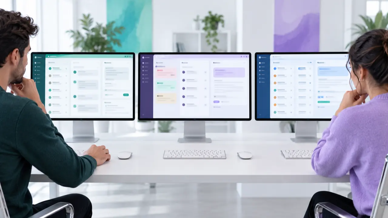 Two support operators compare blurred customer-service work panels across three desktop monitors with queue rows, status blocks, and detail columns — best ai customer service platforms 2026