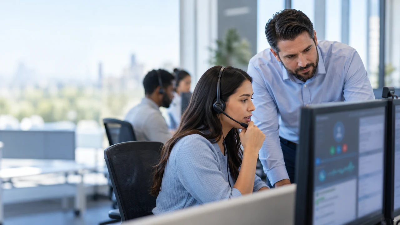 A supervisor observes a headset-wearing support representative reviewing a live call workflow in a bright contact-center office