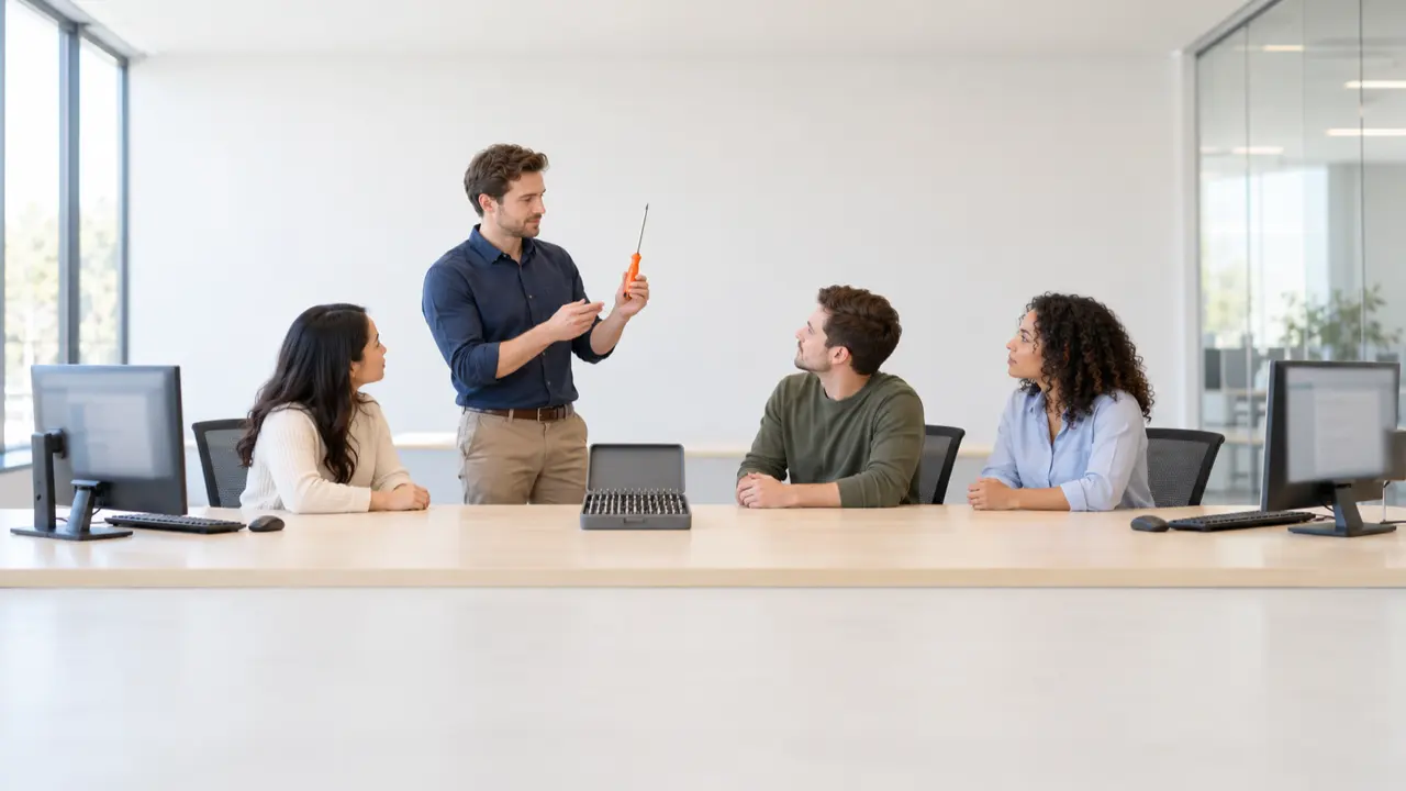 A trainer holds up an orange-handled screwdriver for three seated colleagues at a long table, with an open case of screwdriver bits in the middle — hand tool brand support case study