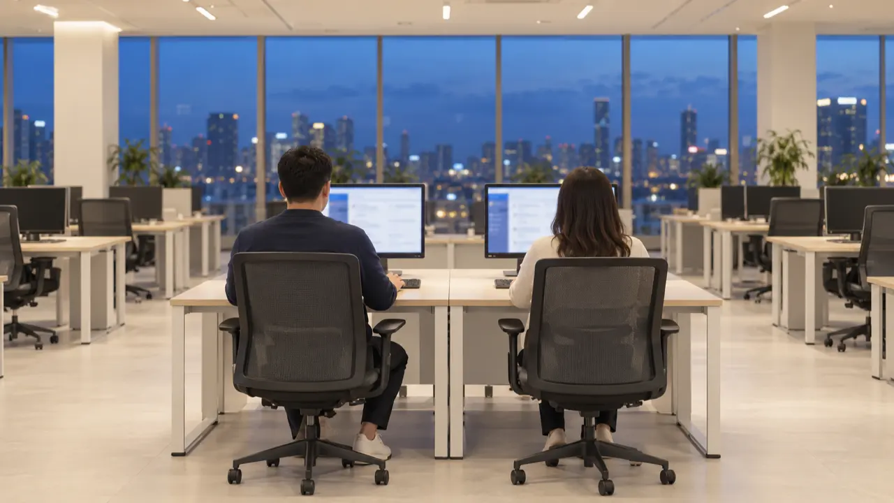 Two support specialists seen from behind at side-by-side workstations on a brightly lit, otherwise empty office floor, with a city skyline at dusk through the windows — logistics night-shift support case study