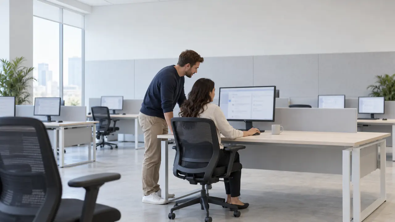 A supervisor stands beside a seated colleague at a workstation, both looking at one monitor, with an empty ergonomic office chair in the foreground — office chair support case study