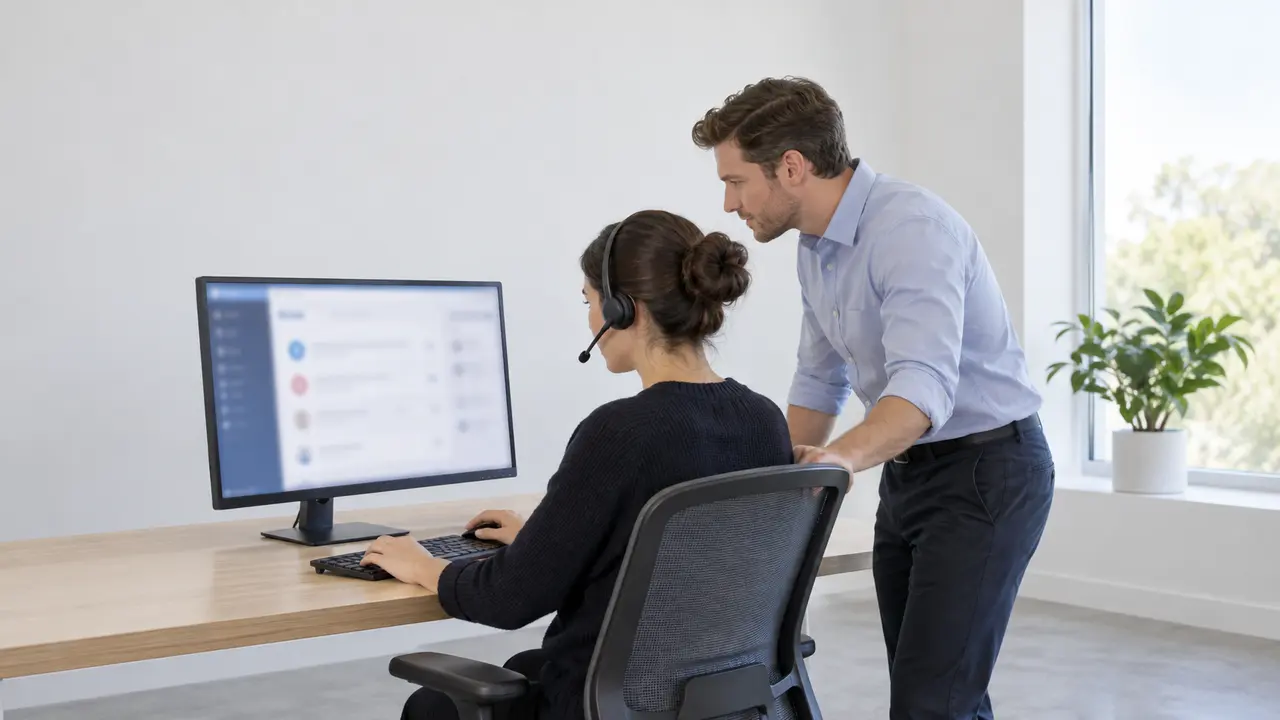 A team lead leans in beside a seated human agent wearing a headset, both looking at one monitor in a bright office — omnichannel customer service case study