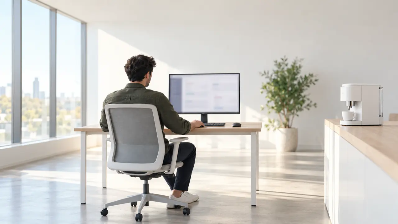 A support specialist seen from behind at a desk with one monitor in a bright room, and a plain white coffee machine with a cup on a side counter — smart coffee machine support case study