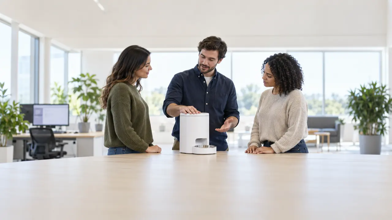 Three colleagues stand around a table while one rests a hand on a white automatic pet feeder with a steel bowl and explains it — smart pet hardware support case study