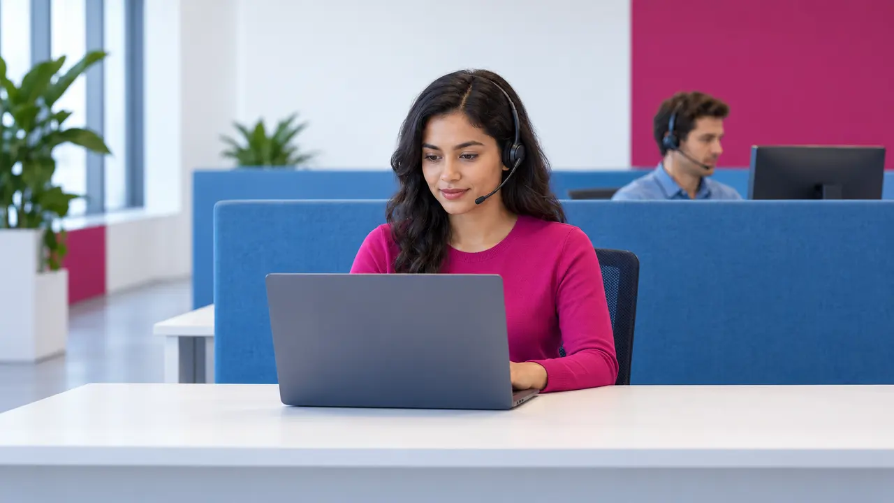 Chatbot service client : une conseillère avec casque répond sur son ordinateur portable, un collègue derrière la cloison