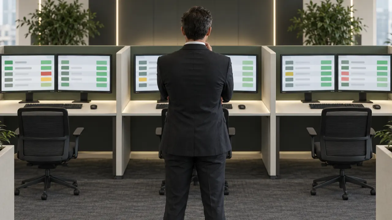 A manager compares blurred staffing and service-status panels across three clean customer support workstation pods — customer service outsourcing companies by minimum commitment