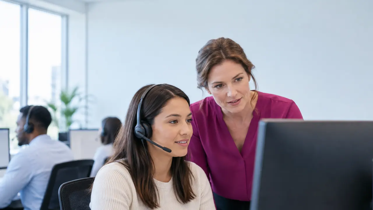 Una agente con auriculares revisa la pantalla junto a su supervisor en un centro de atención al cliente que presta servicios de call center