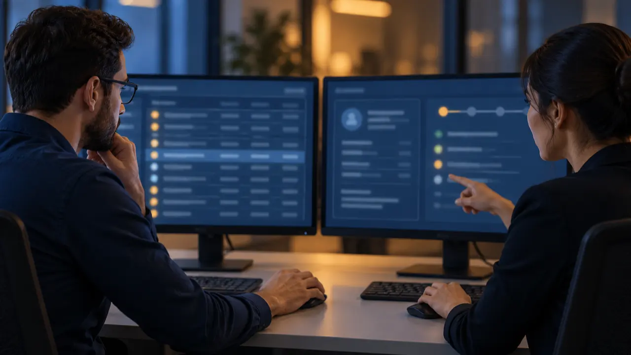 Two insurance BPO specialists compare a blurred claims-intake list and policy-status detail panel on clean desktop monitors — insurance BPO