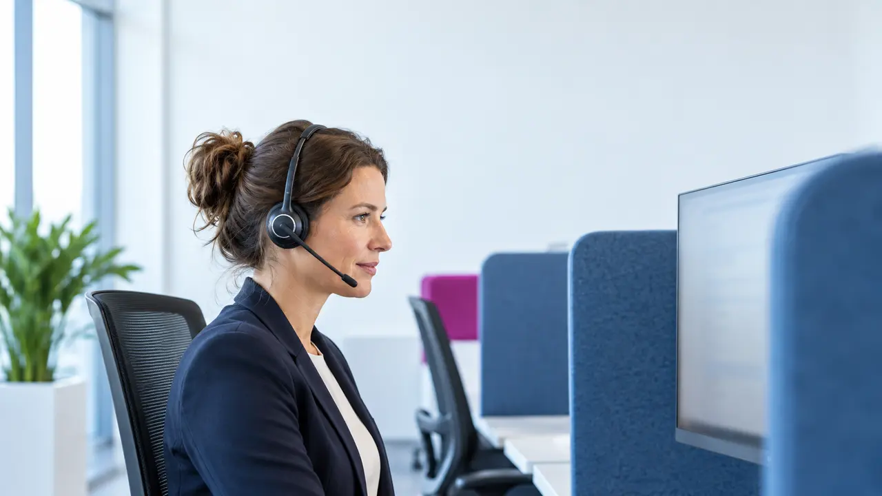 Kundenservice auslagern: Eine Mitarbeiterin mit Headset arbeitet konzentriert an einem Bildschirm in einem hellen Contact-Center