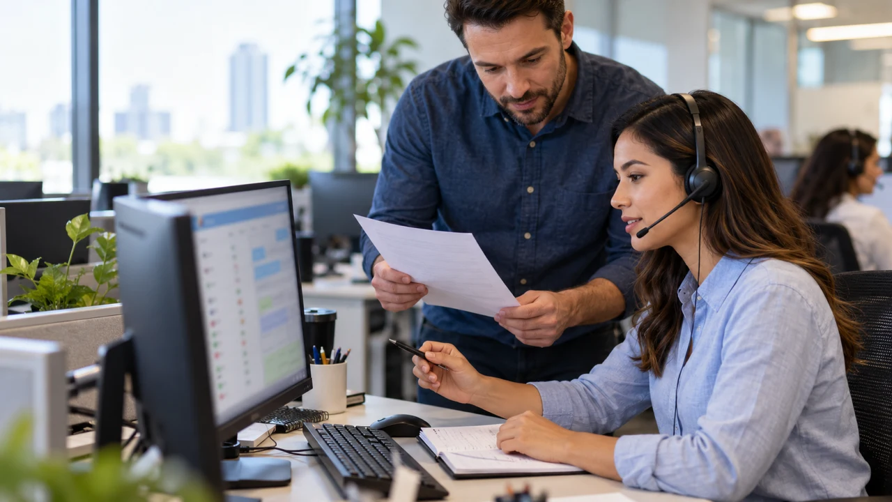 A customer support representative wearing a headset reviews an outbound call follow-up workflow with a colleague in a bright contact-center office