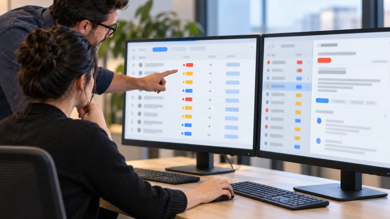 A support lead and agent review a blurred ticket triage panel with stacked rows, priority states, routing column, and open detail drawer — ticket triage