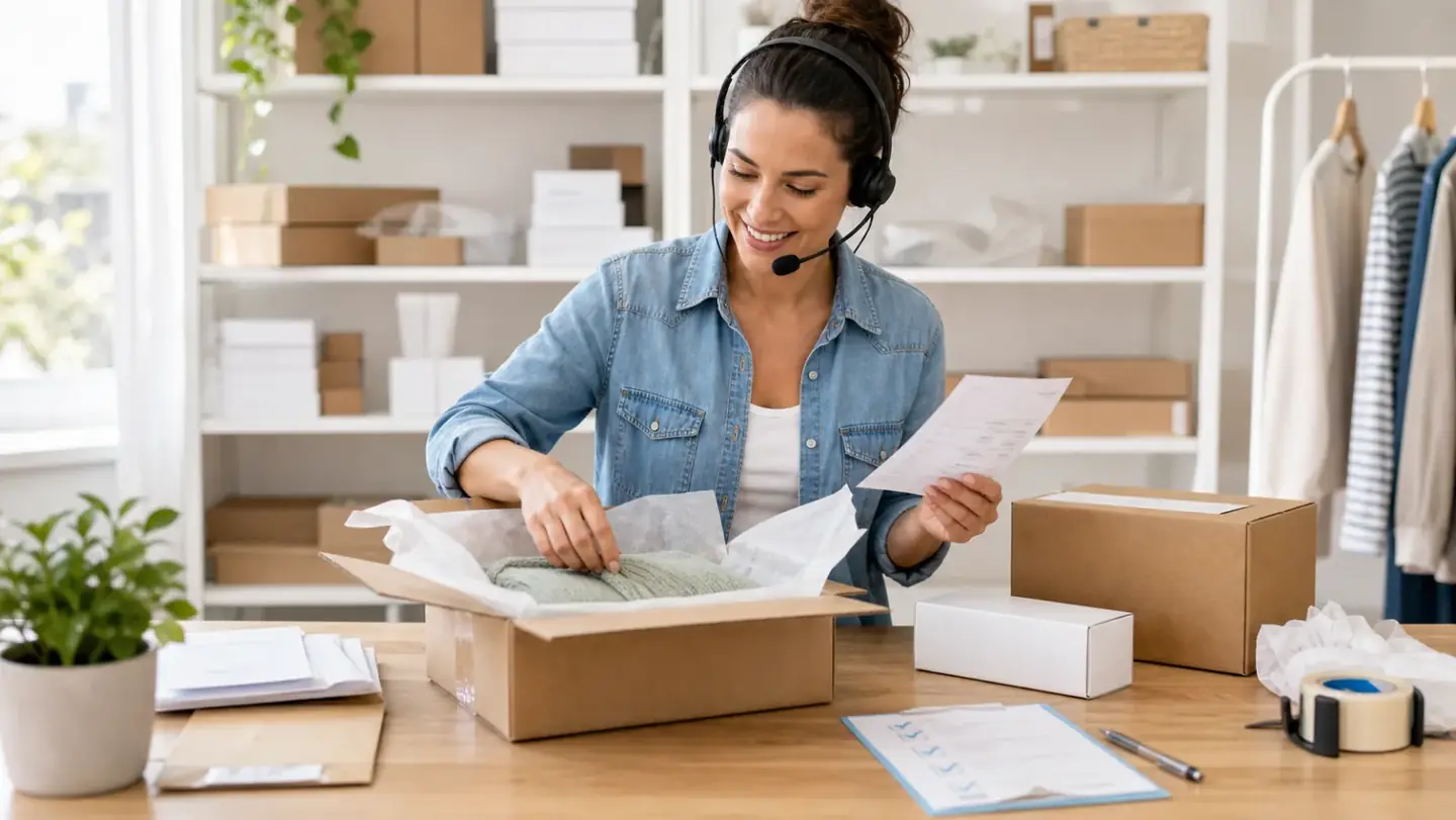 A bright ecommerce service recovery counter where a headset agent prepares a replacement package with return paperwork