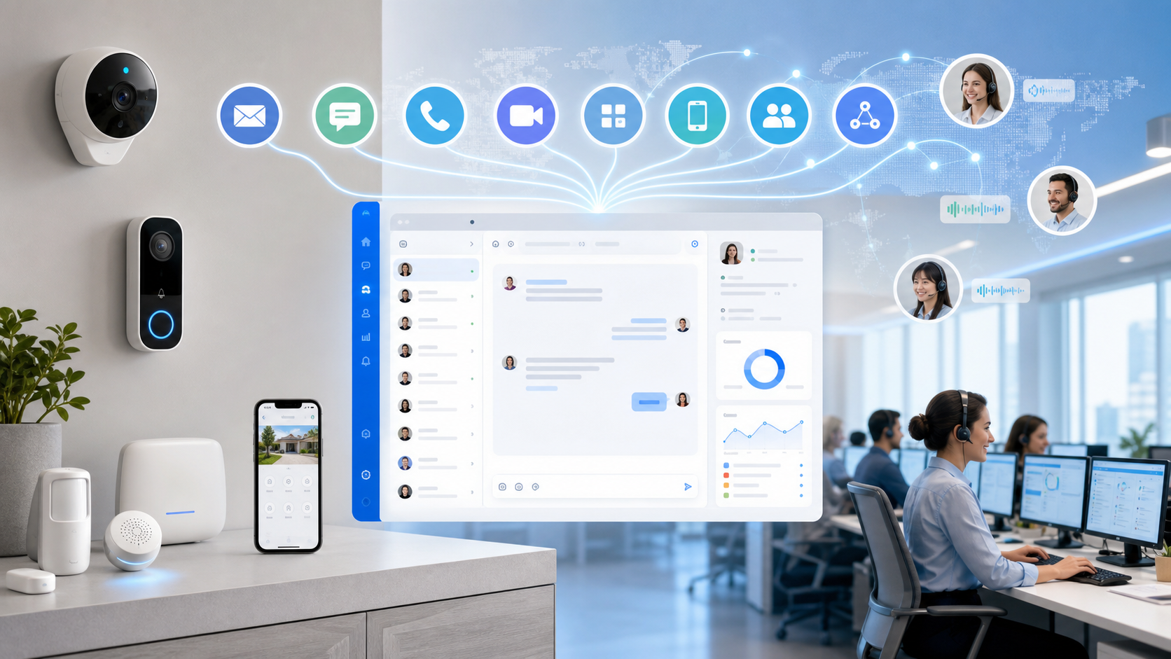 Smart home security devices and a global customer support dashboard unified by an AI support platform