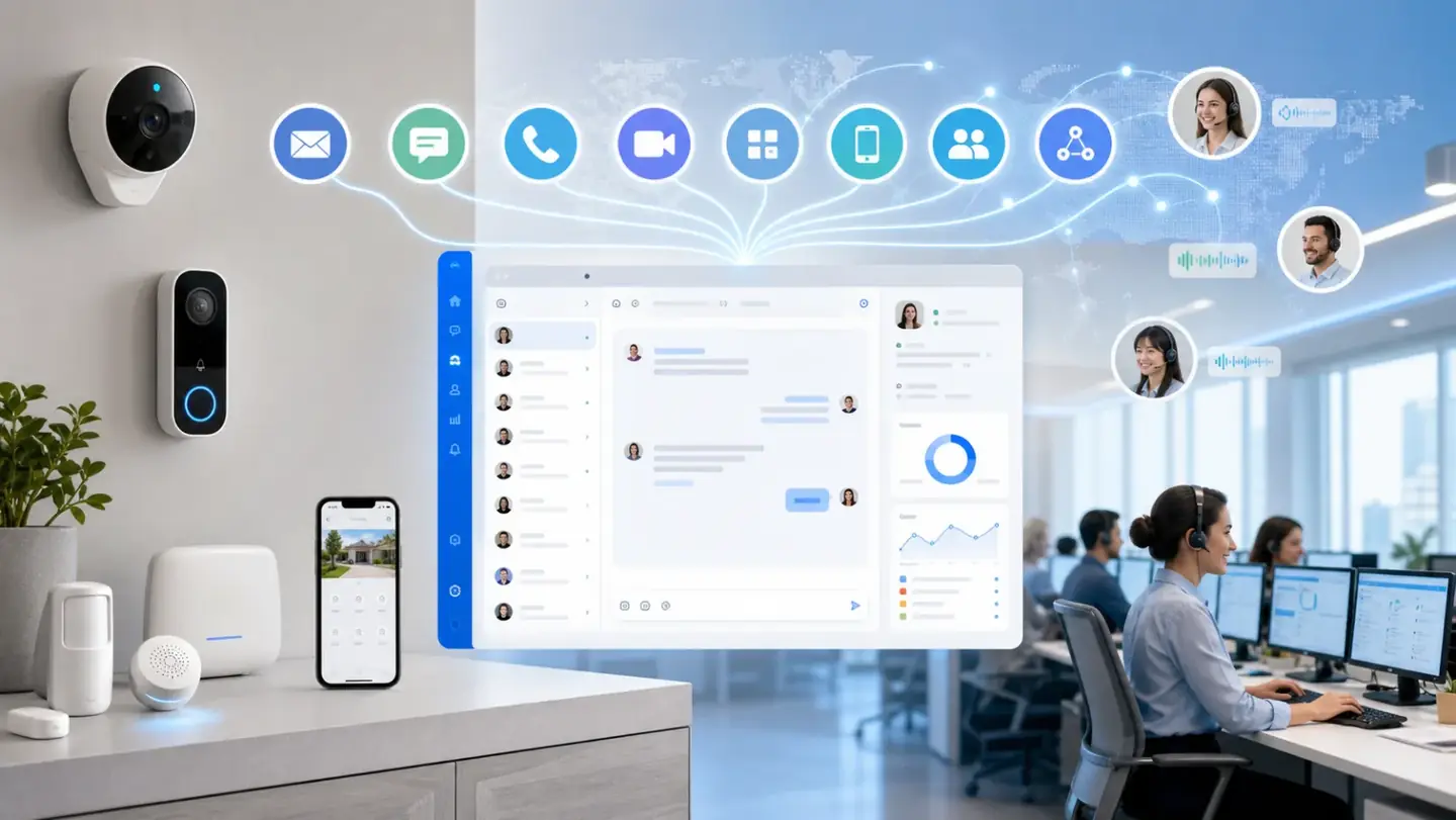 Smart home security devices and a global customer support dashboard unified by an AI support platform
