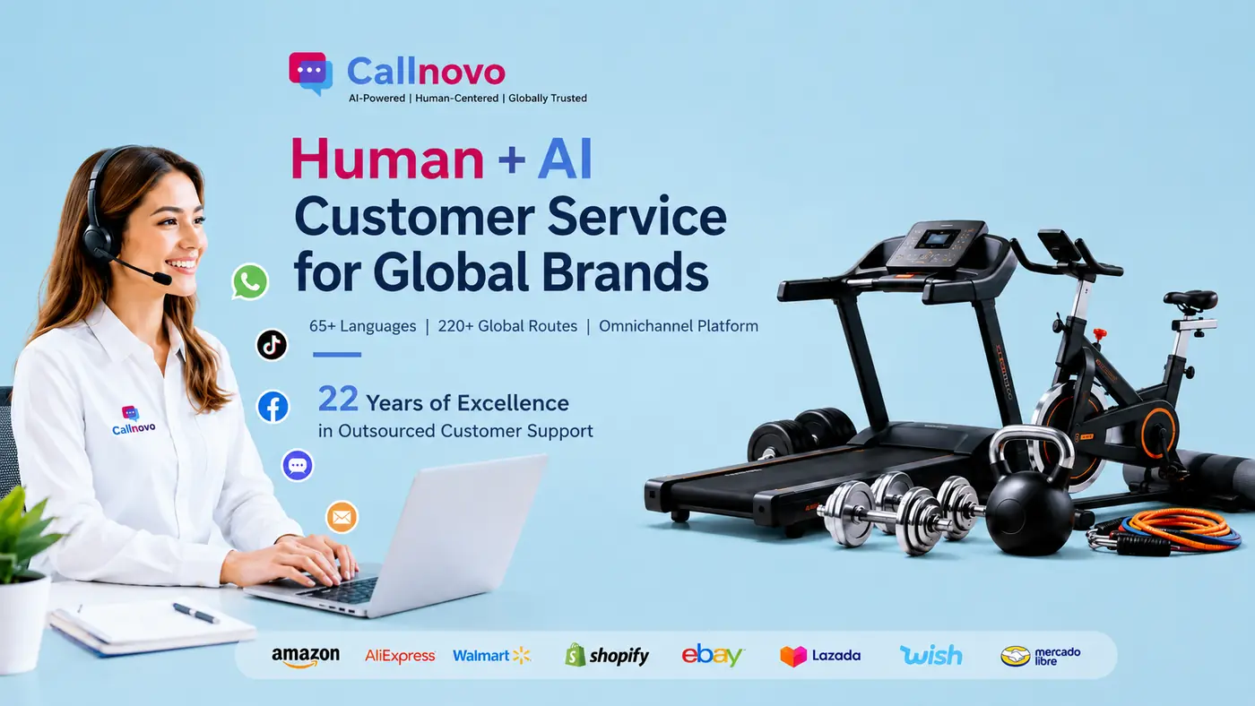 Banner de Callnovo 'Servicio al cliente Human + AI para marcas globales' — un agente con auriculares, equipos de fitness para el hogar, más de 65 idiomas y logotipos de los principales marketplaces