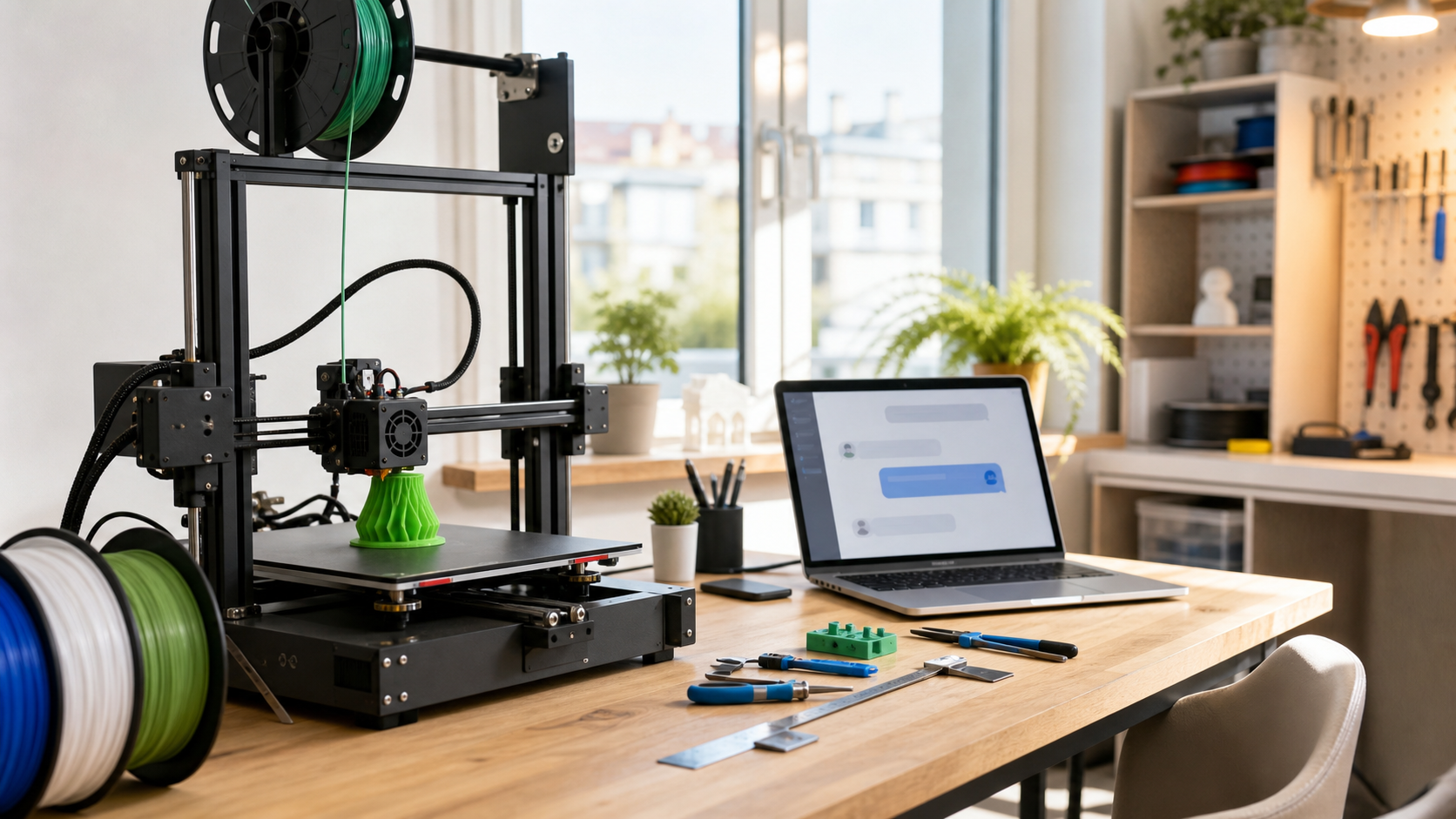 A bright real maker workspace with a desktop 3D printer, filament spools, tools, and a customer support chat dashboard
