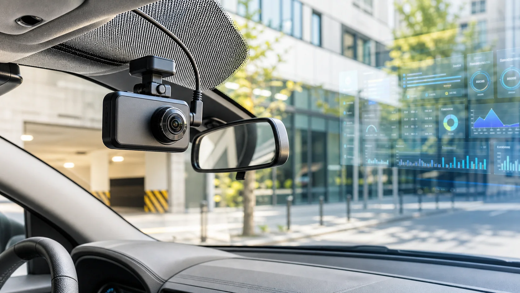 A dashcam mounted inside a modern car with a bright customer support operations dashboard reflected on the windshield