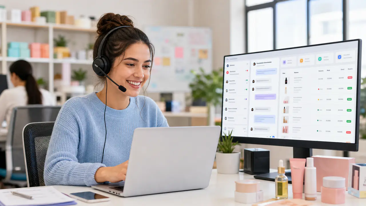 Agente de soporte de comercio electrónico viendo datos de pedido en vivo junto a una conversación de cliente en un espacio luminoso de belleza