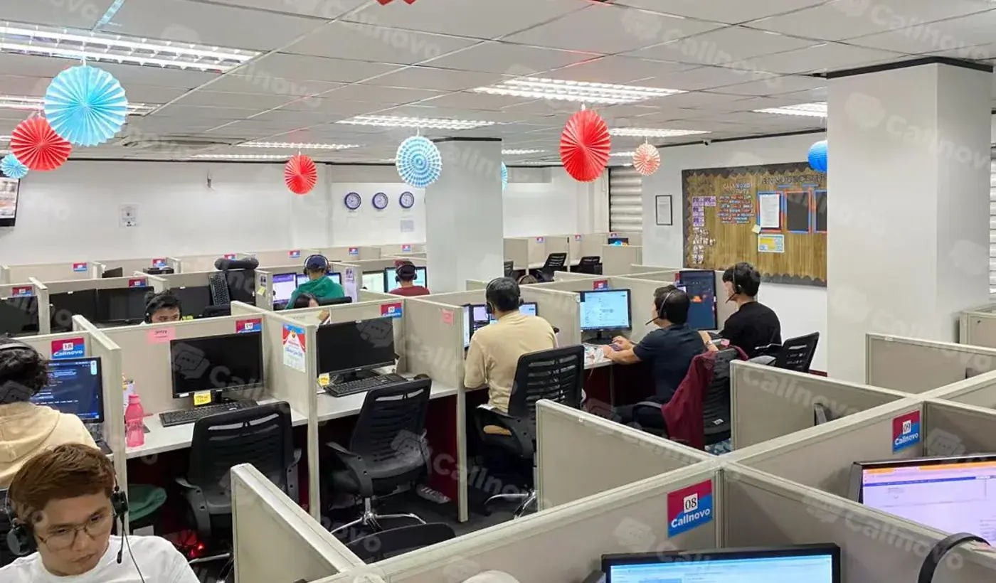 Piso de call center multilingüe de Callnovo atendiendo operaciones de servicio al cliente de alto volumen