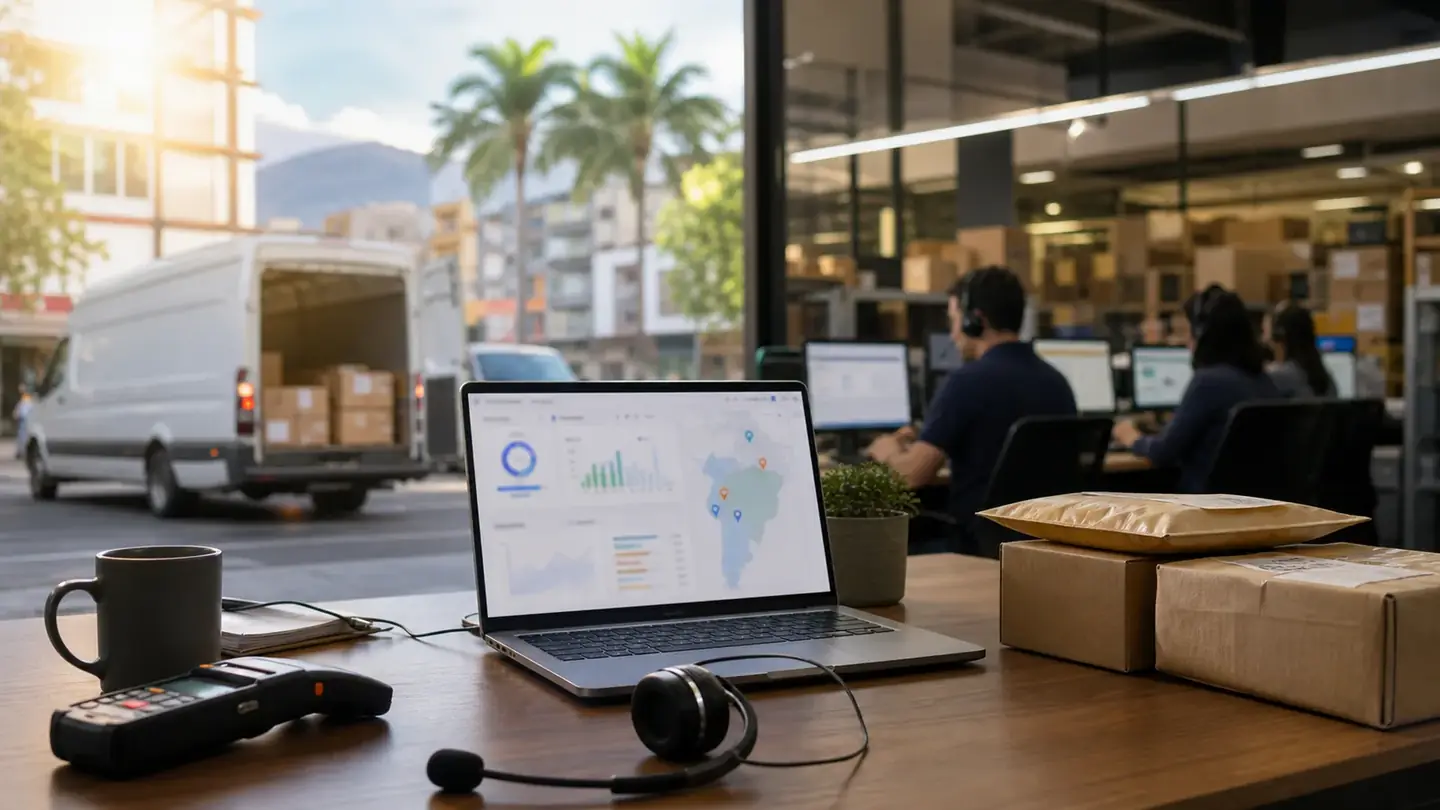 Operación de call center logístico en América Latina con paquetes, auricular, camión de entrega y panel de soporte