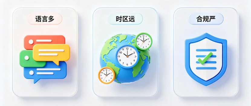 三张卡片概括三大挑战：语言多、时区远、合规严