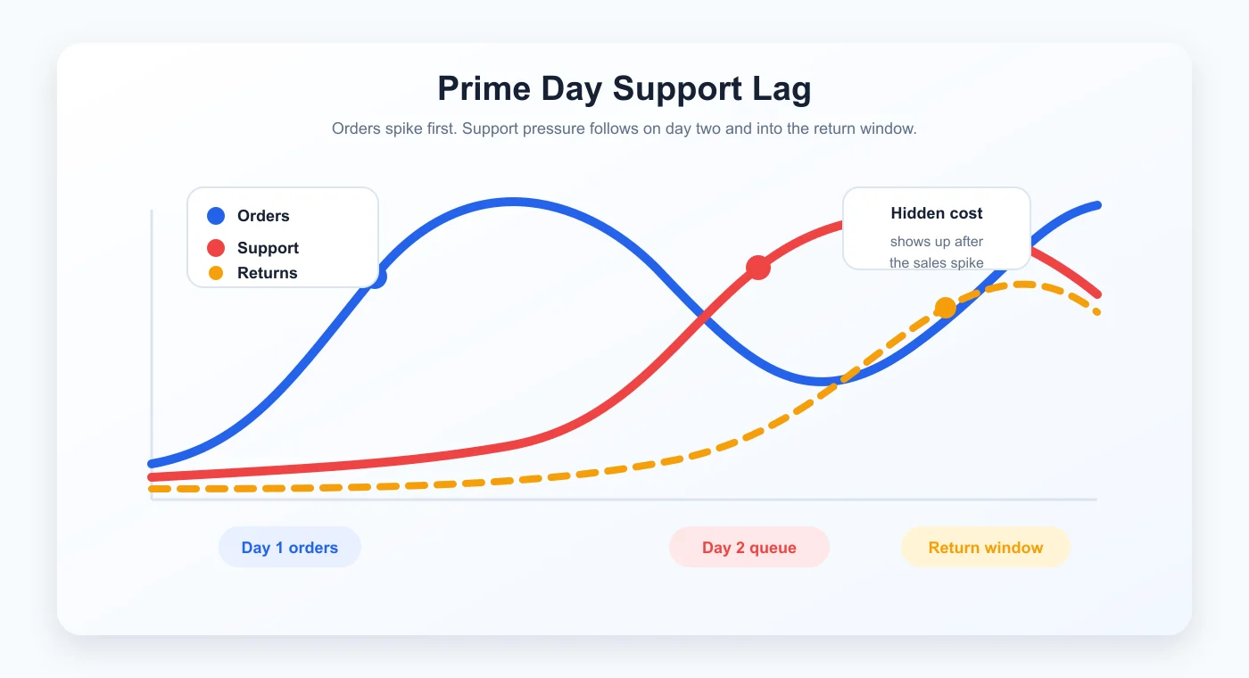 Prime Day 支持滞后示意图：订单先冲高，客服队列和退货成本随后出现