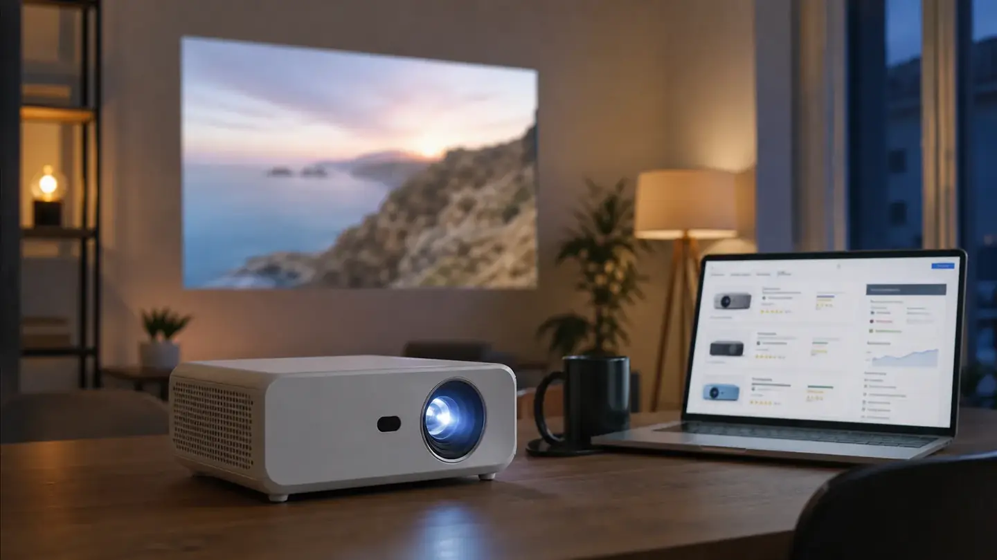 European projector ecommerce support scene with a product listing, projector, and multilingual support dashboard