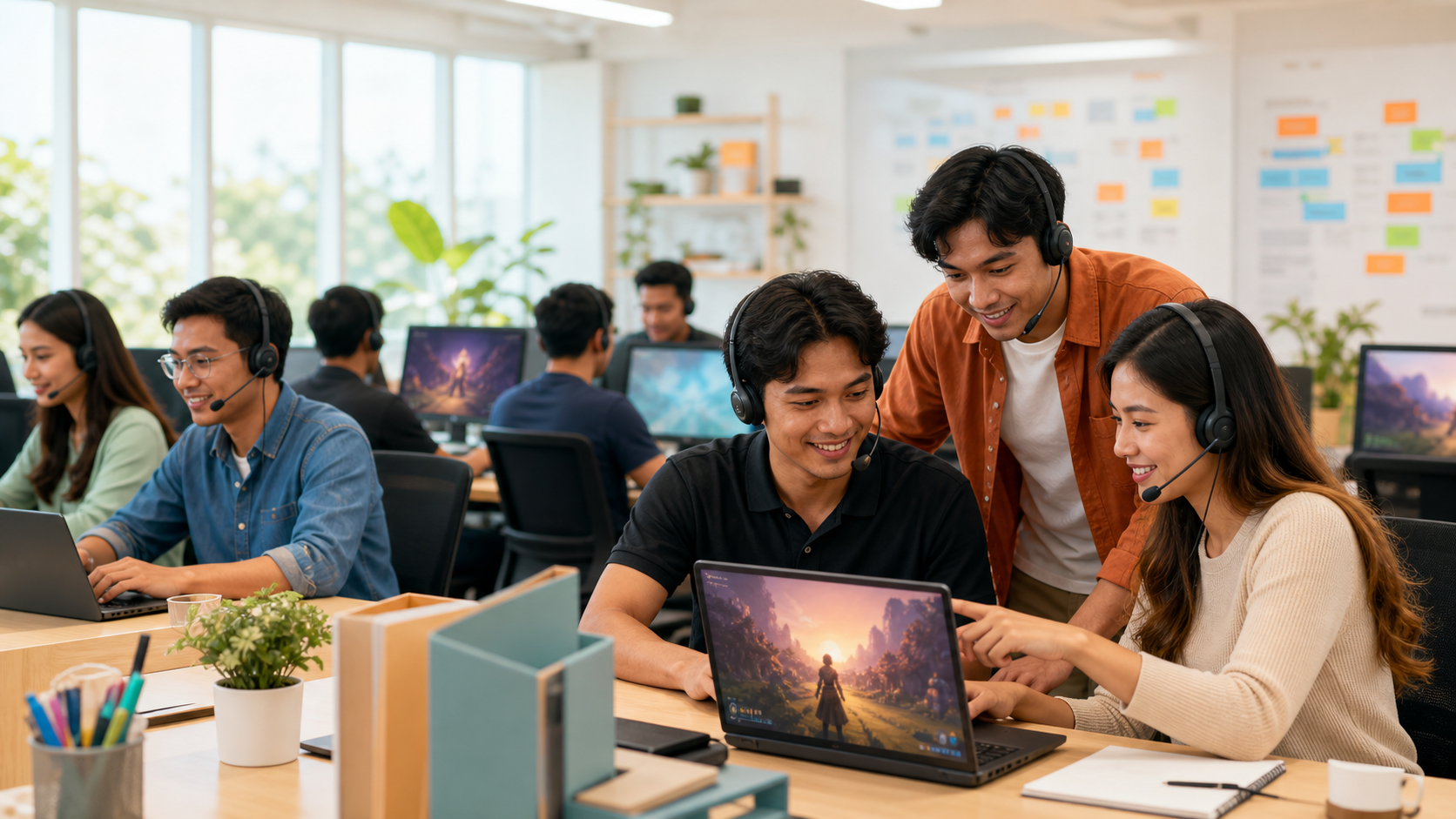 Southeast Asia multilingual game support operations room with agents handling RPG player support across regional markets
