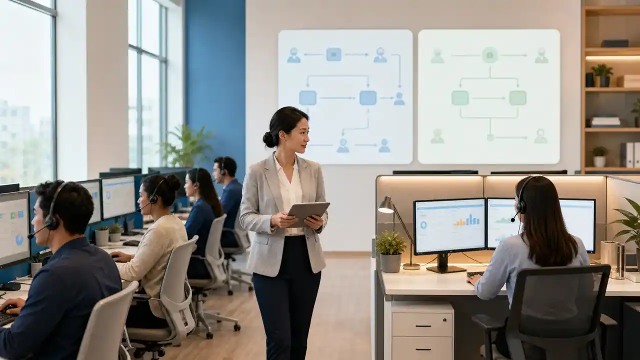 Customer support operations room showing shared agent coverage and a dedicated agent workstation