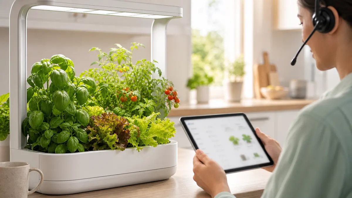 Dispositivo de jardín interior inteligente con albahaca, lechuga y tomates saludables mientras un especialista de soporte revisa información de producto en una tableta