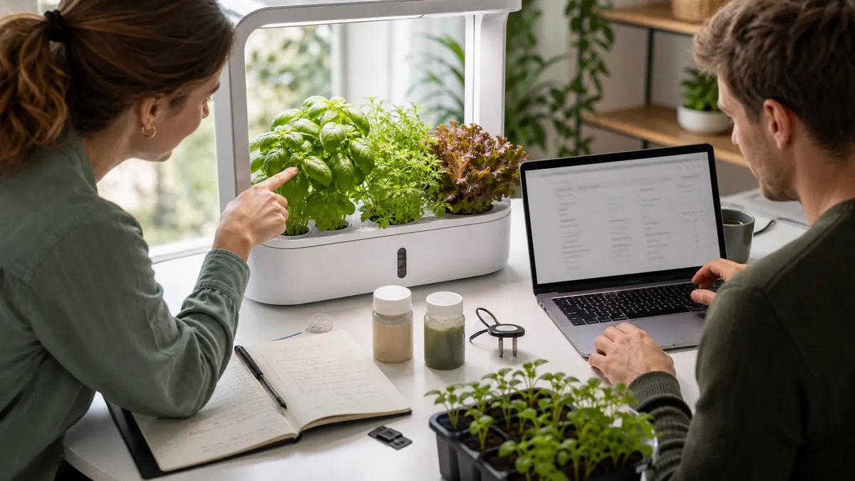 Equipo de soporte especialista revisando un dispositivo de jardín interior inteligente, síntomas de salud vegetal, comportamiento de sensores y un ticket de soporte difuminado durante el onboarding