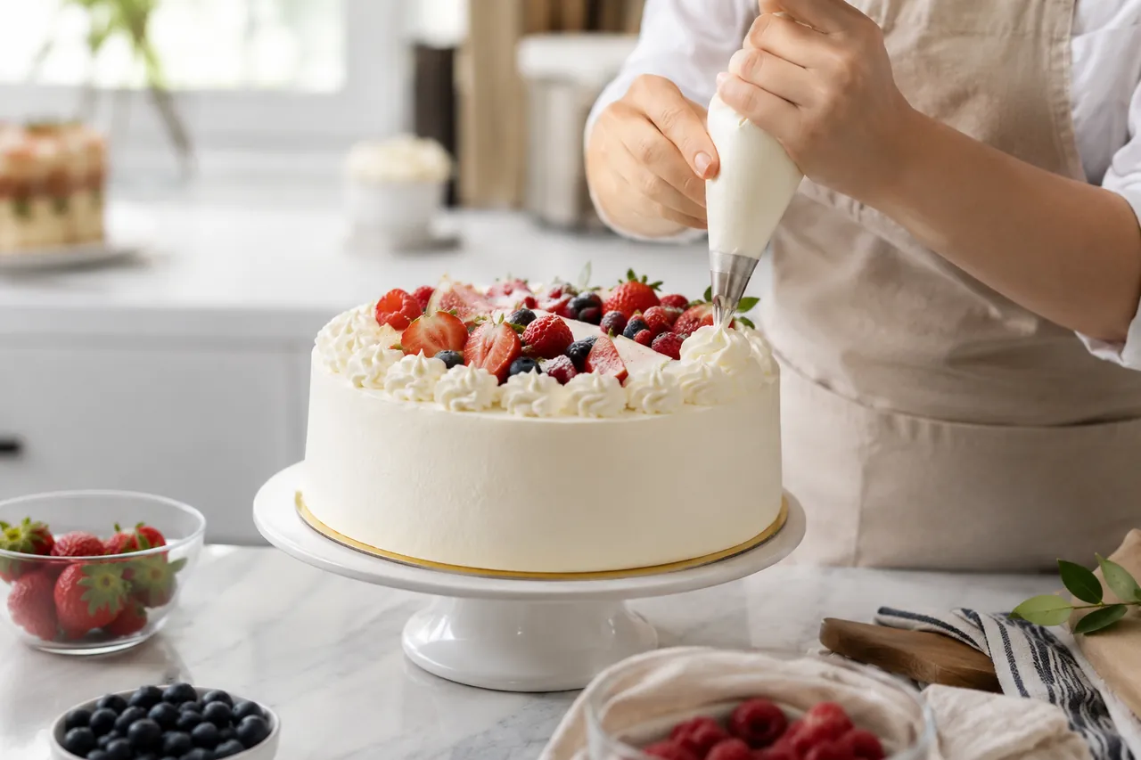 A pastry chef finishing a premium cream cake topped with fresh strawberries, blueberries and raspberries in a bright kitchen