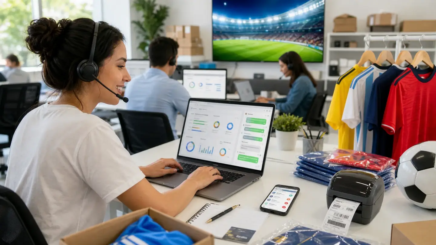 Mesa de operaciones de comercio electrónico con mercancía de fútbol, paneles de pedidos, soporte con auricular y etiquetas de envío durante un pico de torneo