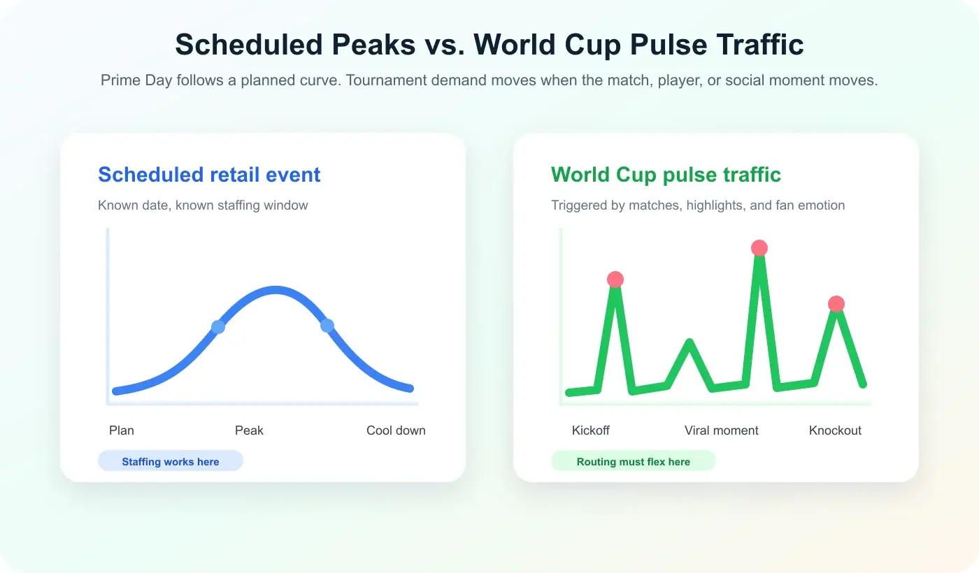 Gráfico luminoso que compara picos minoristas programados con tráfico en pulsos del Mundial impulsado por partidos, videos y momentos sociales