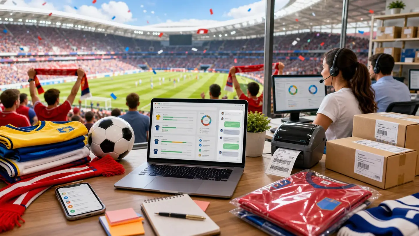 Escena luminosa de soporte comercio electrónico durante el Mundial con estadio, mercancía de fútbol, paquetes, etiquetas de envío y panel de soporte