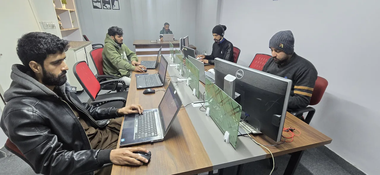 Team members working at computers in a Callnovo office.