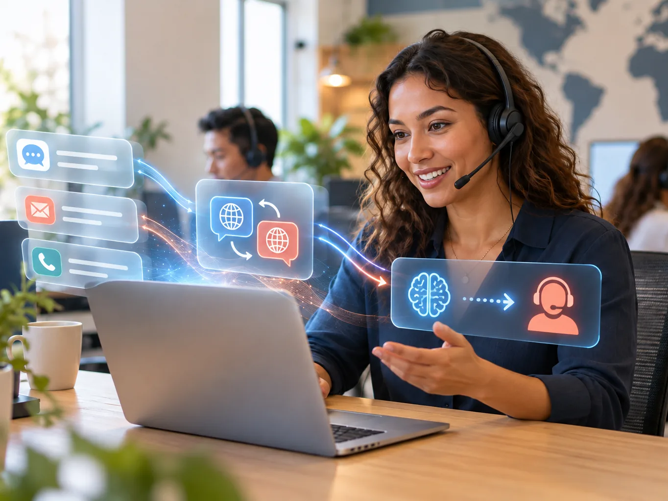 Customer support agent helping a customer with AI-assisted tools